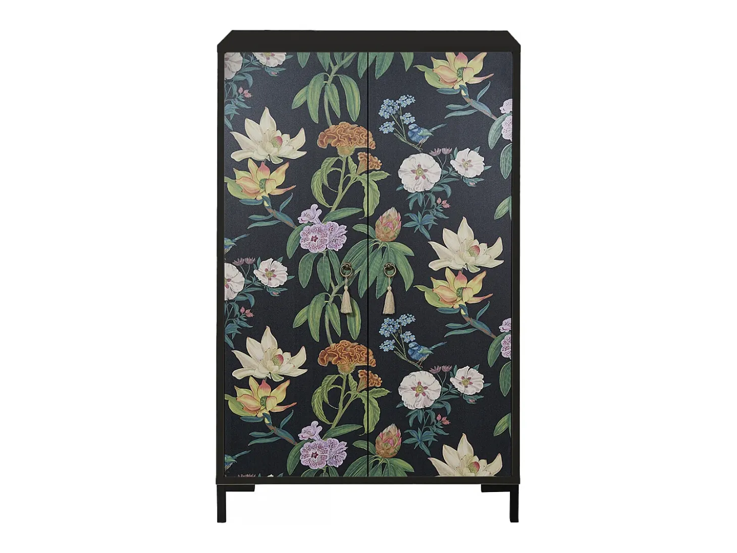 Aparador de MDF con 2 puertas decorativas con motivo floral negro