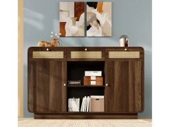 Aparador de nogal - 120 x 40 x 85 cm - con 3 cajones de ratán + 2 puertas + estante abierto - MDF + aglomerado - marrón