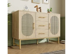 Aparador de ratán, 3 cajones y 2 puertas en ratán, diseño moderno, madera, blanco, con estantes regulables (120x40x74 cm)
