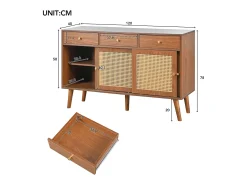 Aparador de ratán con 3 cajones y 3 puertas - Estantes ajustables - Madera - Nogal (120x40x78cm)