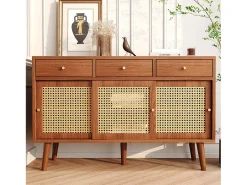 Aparador de ratán con 3 cajones y 3 puertas - Estantes ajustables - Madera - Nogal (120x40x78cm)