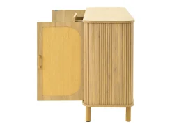 Aparador de ratán con cajones, patas metálicas con acabado de madera, diseño curvo, 140 x 40 x 80 cm