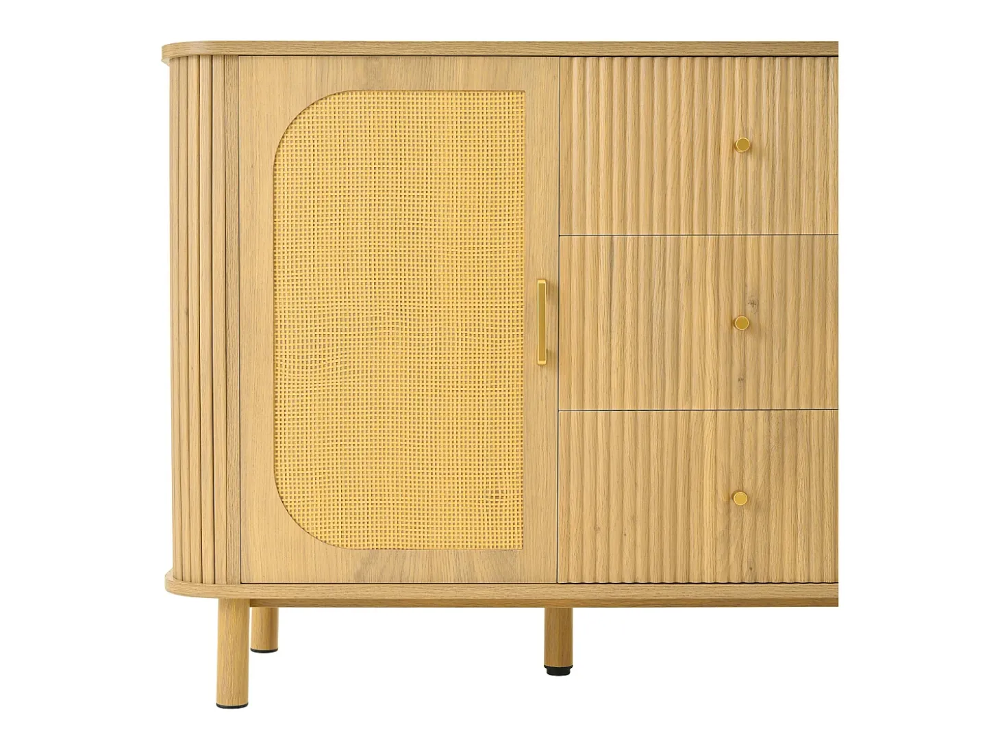 Aparador de ratán con cajones, patas metálicas con acabado de madera, diseño curvo, 140 x 40 x 80 cm