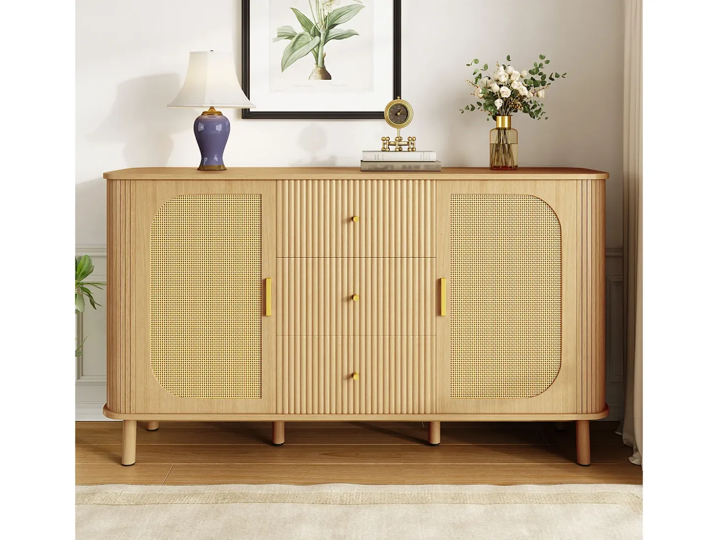 Aparador de ratán con cajones, patas metálicas con acabado de madera, diseño curvo, 140 x 40 x 80 cm