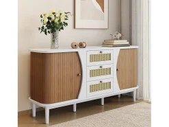 Aparador de ratán, con puertas correderas, estantes regulables, tapa redondeada, blanco y madera (140,5x40x76 cm)
