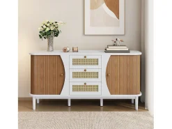 Aparador de ratán, con puertas correderas, estantes regulables, tapa redondeada, blanco y madera (140,5x40x76 cm)