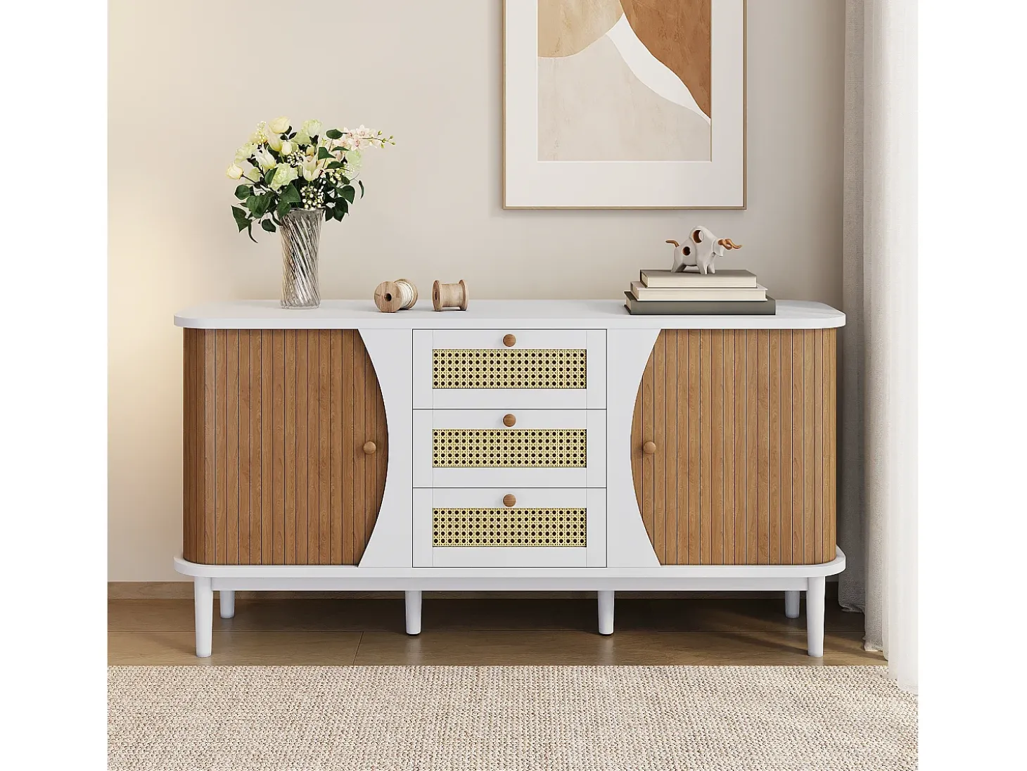 Aparador de ratán, con puertas correderas, estantes regulables, tapa redondeada, blanco y madera (140,5x40x76 cm)