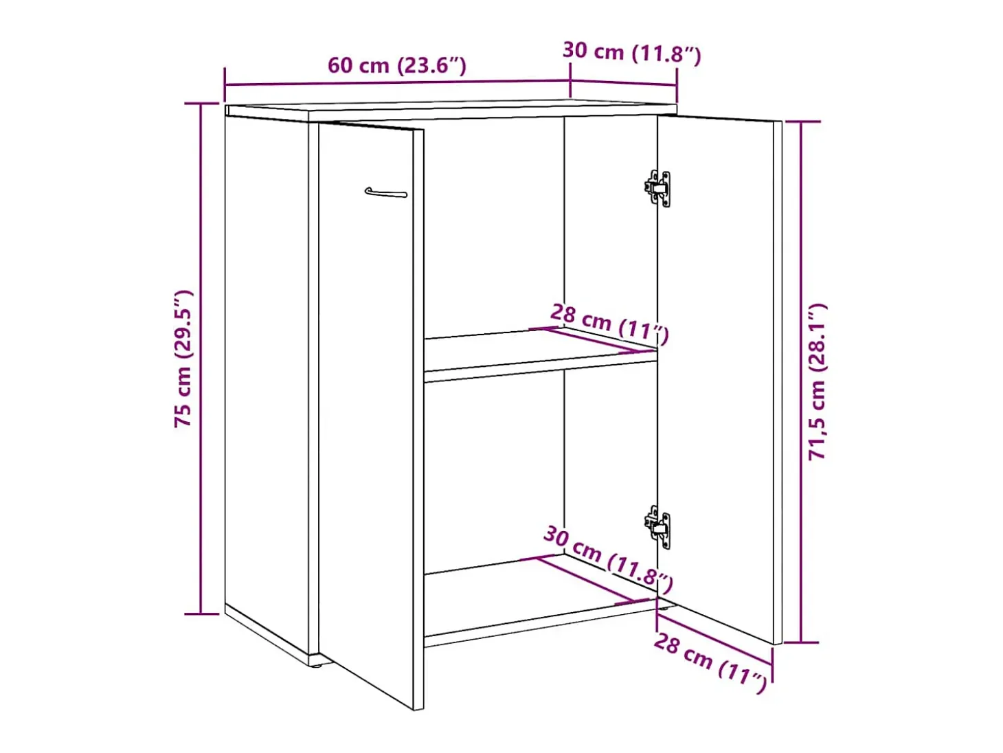 Aparador de roble artesanal 60x30x75 cm madera de ingeniería