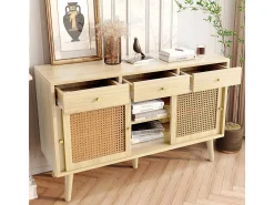 Aparador de roble con 3 cajones y 3 puertas correderas, malla de ratán, patas de madera maciza, tirador dorado, 120 x 40 x 78 cm