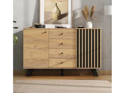 Aparador de salón - 120 x 38 x 75 cm - con 4 cajones + 2 puertas - mesa auxiliar - MDF - natural