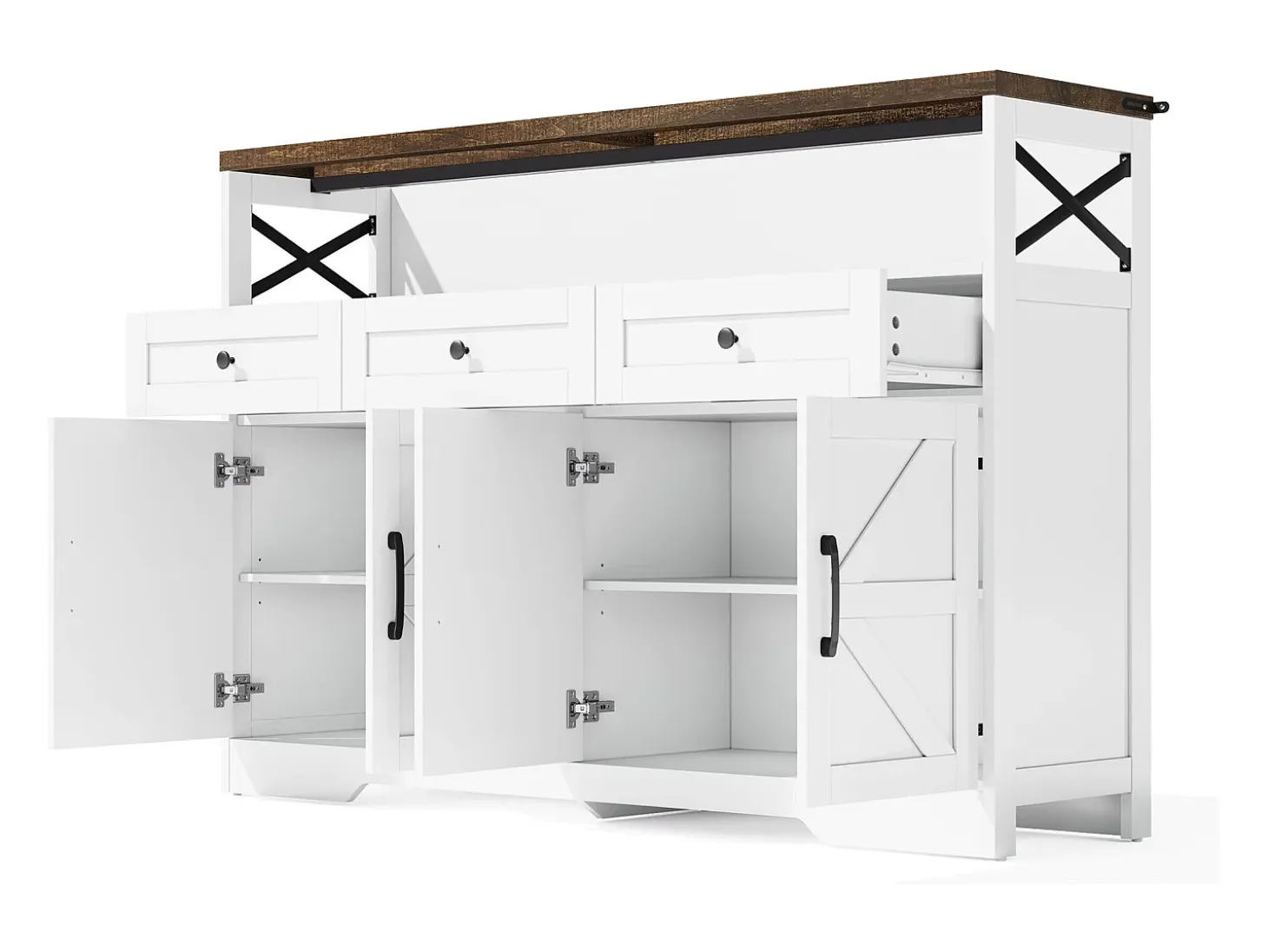 Aparador de salón - Aparador blanco con 3 cajones de almacenaje y 4 puertas - tapa de madera - tiradores negros