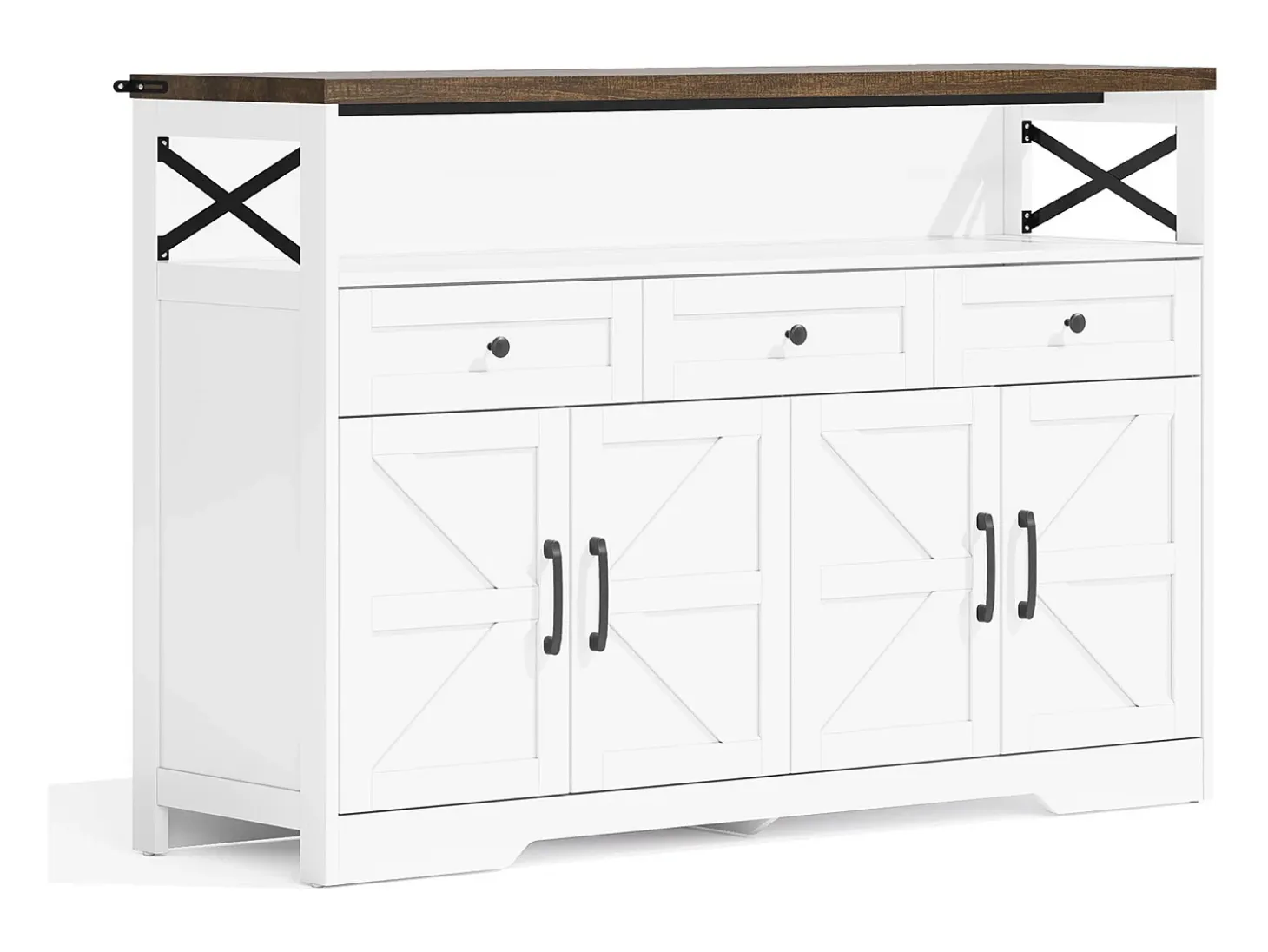 Aparador de salón - Aparador blanco con 3 cajones de almacenaje y 4 puertas - tapa de madera - tiradores negros