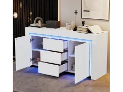 Aparador de salón brillante con 3 cajones + 2 puertas + LED - 140 x 40 x 65 cm - MDF - blanco