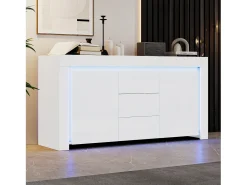 Aparador de salón brillante con 3 cajones + 2 puertas + LED - 140 x 40 x 65 cm - MDF - blanco