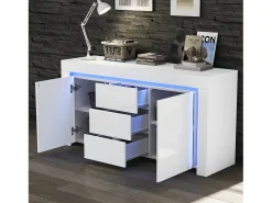 Aparador de salón brillante con 3 cajones + 2 puertas + LED - 140 x 40 x 65 cm - MDF - blanco