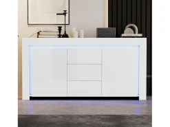 Aparador de salón brillante con 3 cajones + 2 puertas + LED - 140 x 40 x 65 cm - MDF - blanco