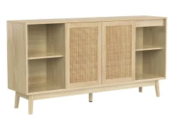 Aparador de salón con 3 puertas correderas de ratán auténtico y 2 cajones, mueble de almacenaje, madera