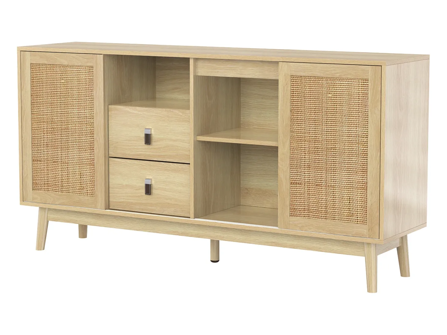 Aparador de salón con 3 puertas correderas de ratán auténtico y 2 cajones, mueble de almacenaje, madera