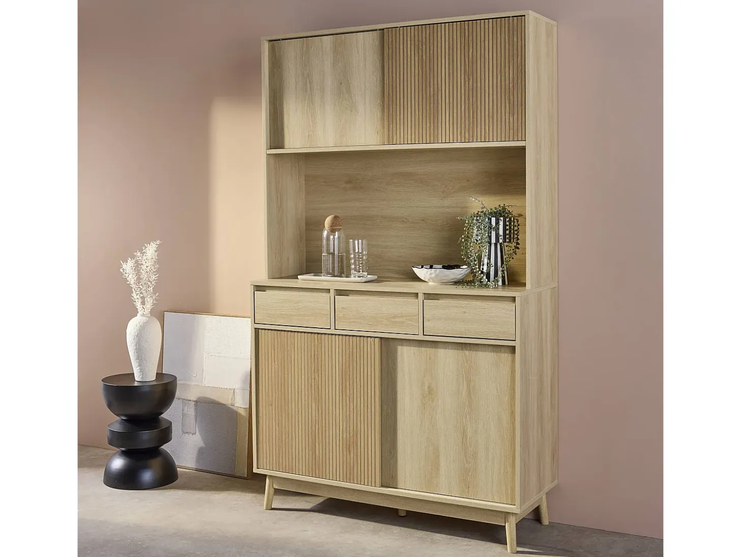 Aparador decorado en madera 4 puertas 3 cajones, 110cm natural