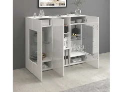 Aparador Egypt con 3 puertas e inserciones de cristal expositor blanco brillo 135x40x120 cm
