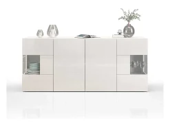 Aparador Egypt con 4 puertas con inserciones de cristal expositor blanco brillo 180x40x80 cm