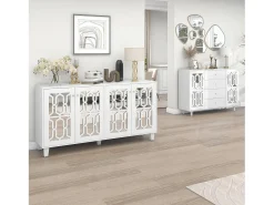 Aparador elegante con espejo blanco, aparador versátil – 4 puertas, estante ajustable