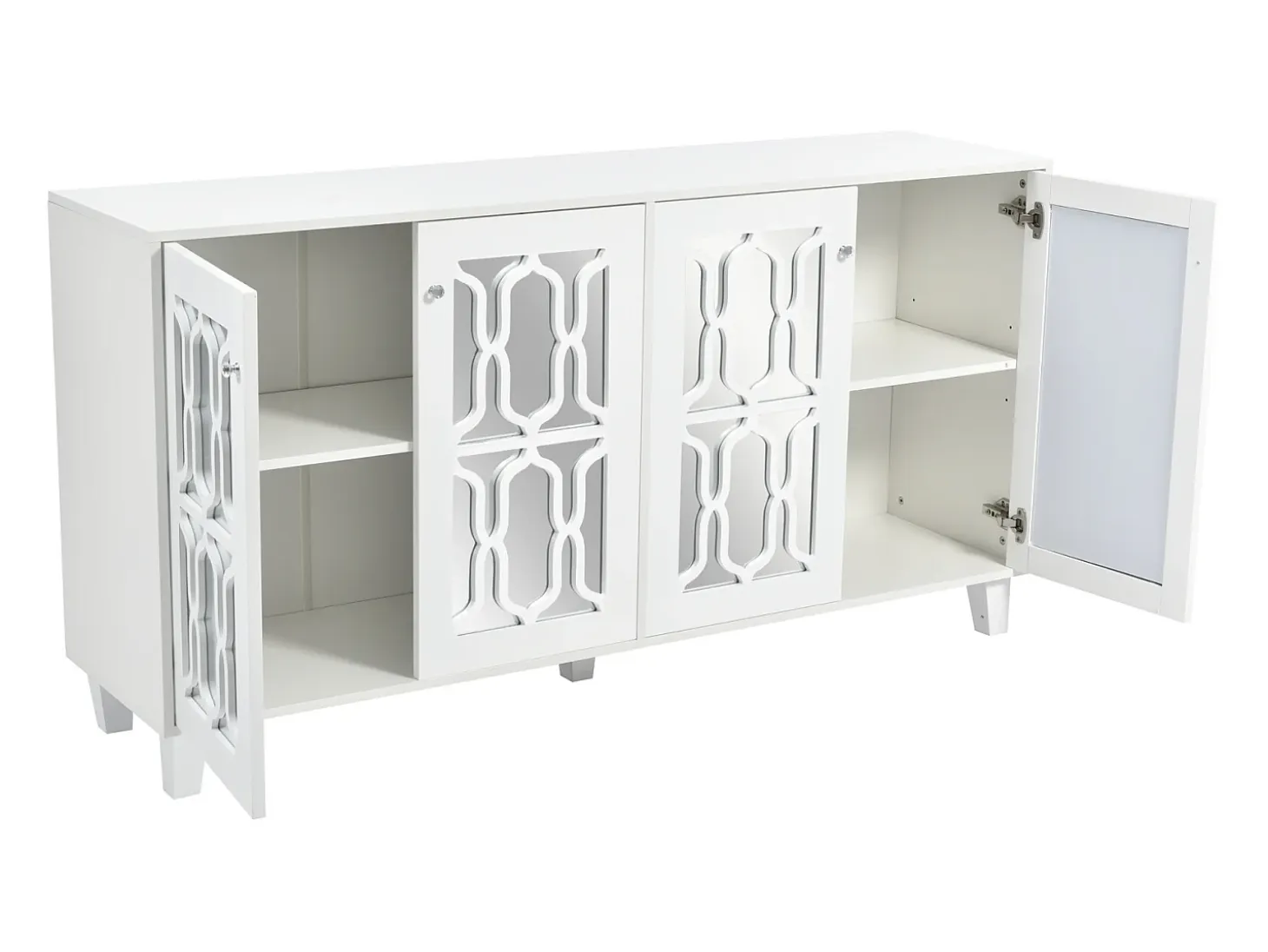 Aparador elegante con espejo blanco, versátil, 4 puertas y estante ajustable.