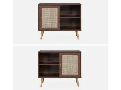 Aparador estilo escandinavo con 1 puerta de caña, 80cm madera oscura