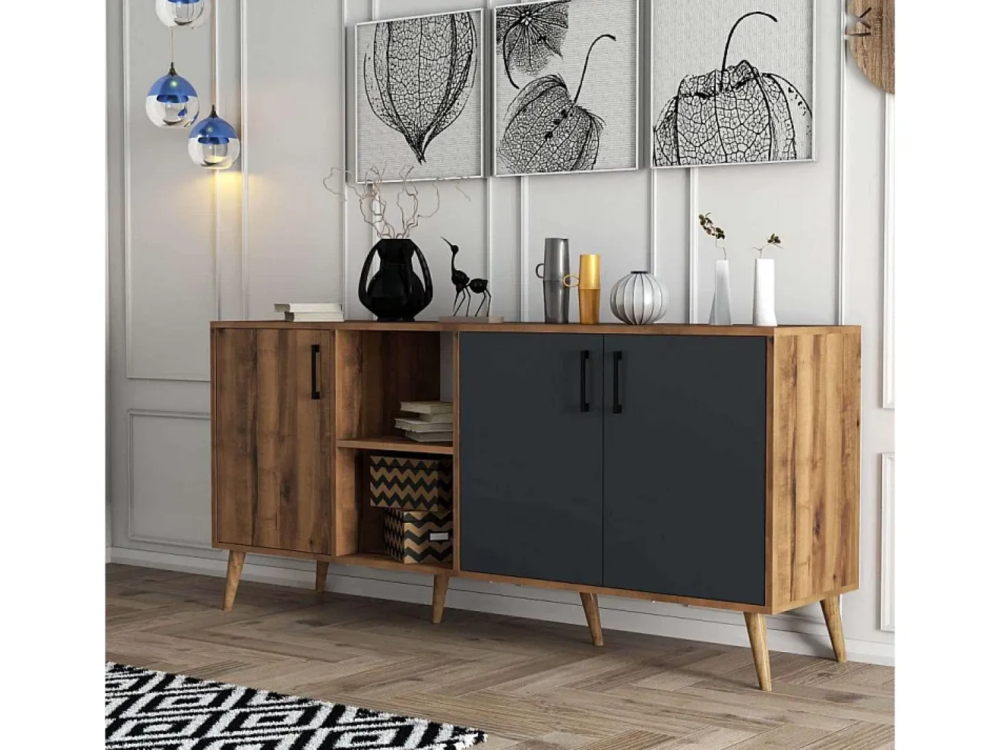 Aparador Exxen-1620 antracita color nogal 180x45x80 cm