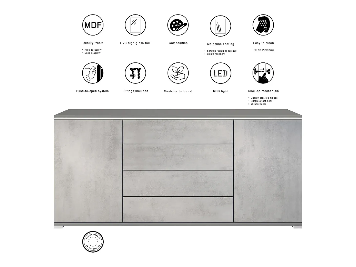 Aparador Faro V2 – Mueble con 2 Puertas y 4 Cajones, Armario con Tira de Luz LED, antracita mate / burdeos de alto brillo (166,5 x 75,5 x 35)