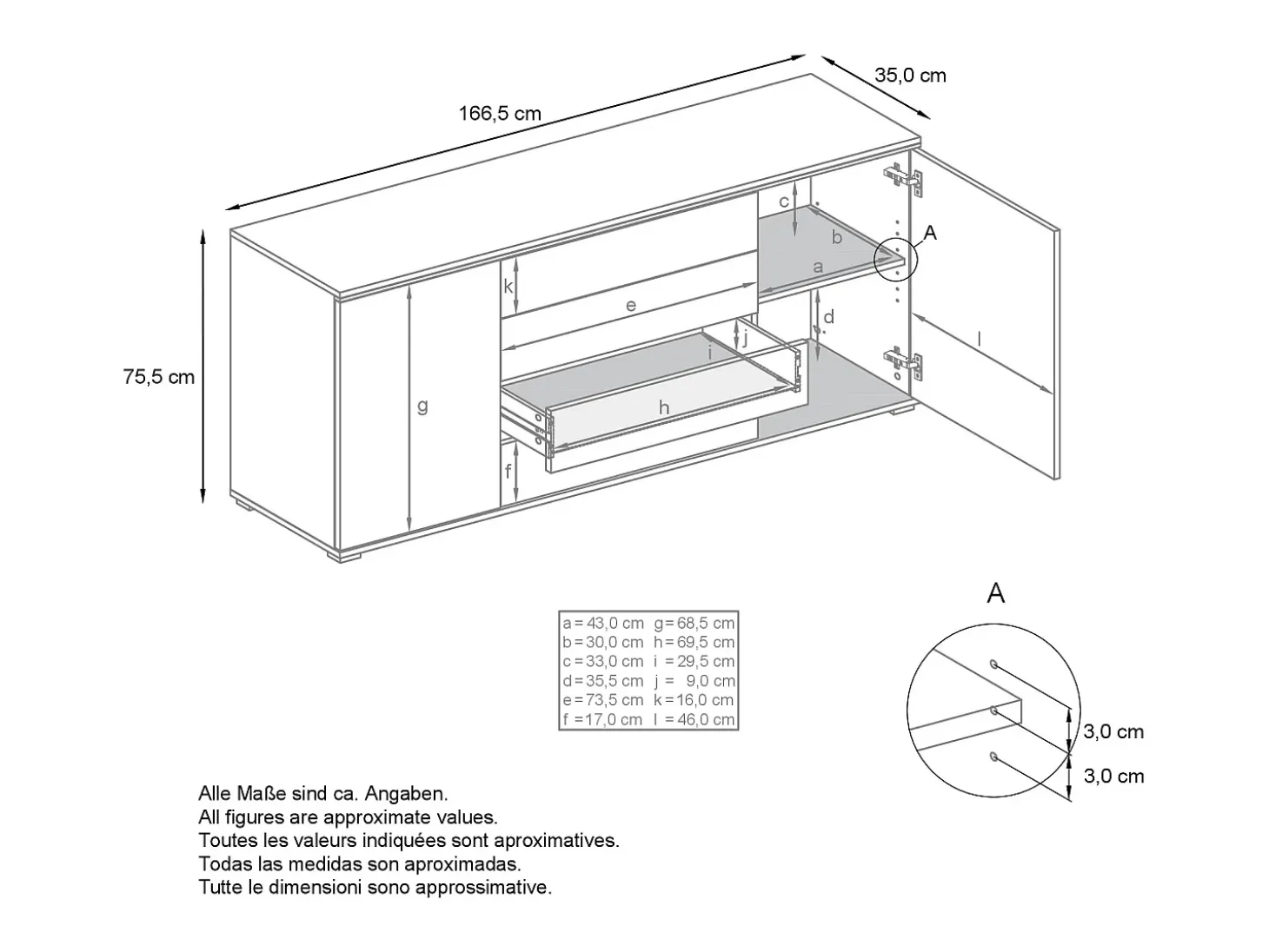 Aparador Faro V2 – Mueble con 2 Puertas y 4 Cajones, Armario con Tira de Luz LED, antracita mate / burdeos de alto brillo (166,5 x 75,5 x 35)