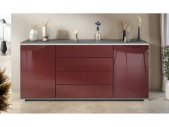 Aparador Faro V2 – Mueble con 2 Puertas y 4 Cajones, Armario con Tira de Luz LED, antracita mate / burdeos de alto brillo (166,5 x 75,5 x 35)