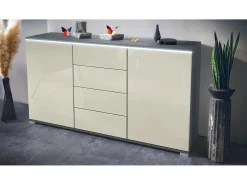 Aparador Faro V1 – Mueble con 2 Puertas y 4 Cajones, Armario con Tira de Luz LED, antracita mate / crema de alto brillo (138,5 x 75,5 x 35)