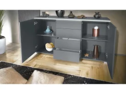 Aparador Faro V1 – Mueble con 2 Puertas y 4 Cajones, Armario con Tira de Luz LED, antracita mate / crema de alto brillo (138,5 x 75,5 x 35)