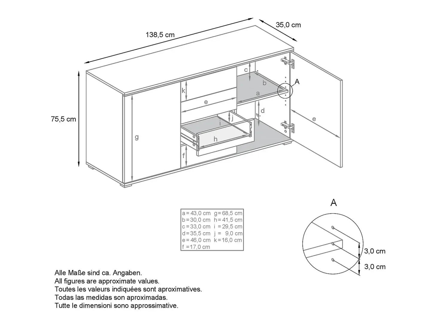 Aparador Faro V1 – Mueble con 2 Puertas y 4 Cajones, Armario con Tira de Luz LED, antracita mate / crema de alto brillo (138,5 x 75,5 x 35)