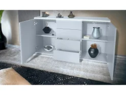 Aparador Faro V1 – Mueble con 2 Puertas y 4 Cajones, Armario con Tira de Luz LED, blanco mate / gris arena de alto brillo (138,5 x 75,5 x 35)