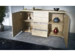 Aparador Faro V1 – Mueble con 2 Puertas y 4 Cajones, Armario con Tira de Luz LED, Roble Evoke / blanco de alto brillo (138,5 x 75,5 x 35)