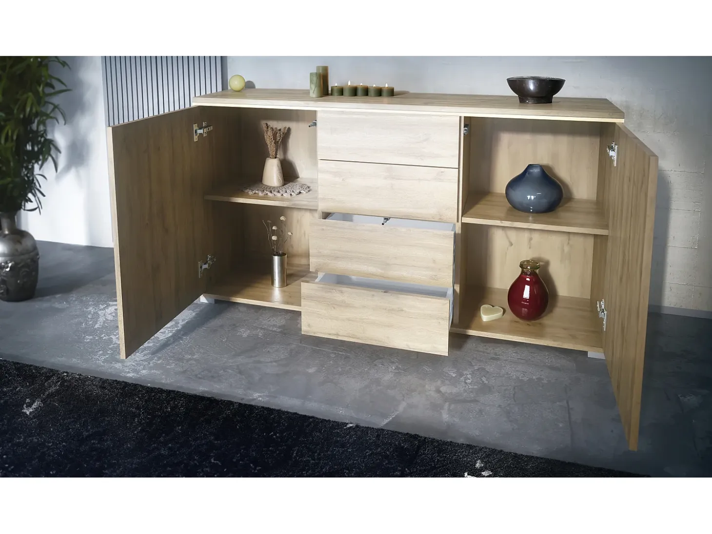 Aparador Faro V1 – Mueble con 2 Puertas y 4 Cajones, Armario con Tira de Luz LED, Roble Evoke / blanco de alto brillo (138,5 x 75,5 x 35)