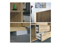 Aparador Faro V1 – Mueble con 2 Puertas y 4 Cajones, Armario con Tira de Luz LED, Roble Evoke / blanco de alto brillo (138,5 x 75,5 x 35)