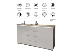 Aparador Faro V1 – Mueble con 2 Puertas y 4 Cajones, Armario con Tira de Luz LED, Roble Evoke / blanco de alto brillo (138,5 x 75,5 x 35)