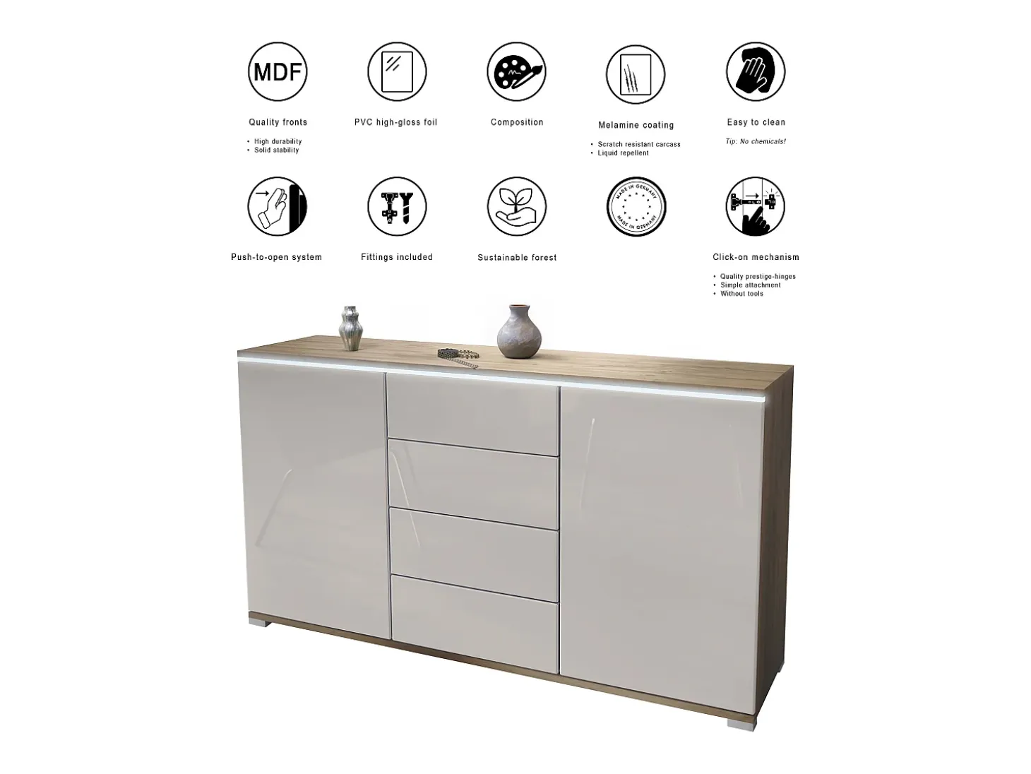 Aparador Faro V1 – Mueble con 2 Puertas y 4 Cajones, Armario con Tira de Luz LED, Roble Evoke / blanco de alto brillo (138,5 x 75,5 x 35)