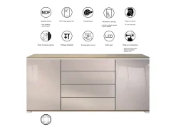 Aparador Faro V2 – Mueble con 2 Puertas y 4 Cajones, Armario con Tira de Luz LED, Roble Evoke / gris de alto brillo (166,5 x 75,5 x 35)