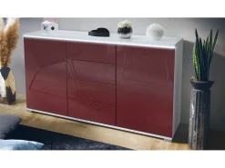 Aparador Faro V1 – Mueble con 2 Puertas y 4 Cajones, Armario con Tira de Luz LED, blanco mate / burdeos de alto brillo (138,5 x 75,5 x 35)