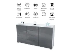 Aparador Faro V1 – Mueble con 2 Puertas y 4 Cajones, Armario con Tira de Luz LED, blanco mate / roble natural (138,5 x 75,5 x 35)