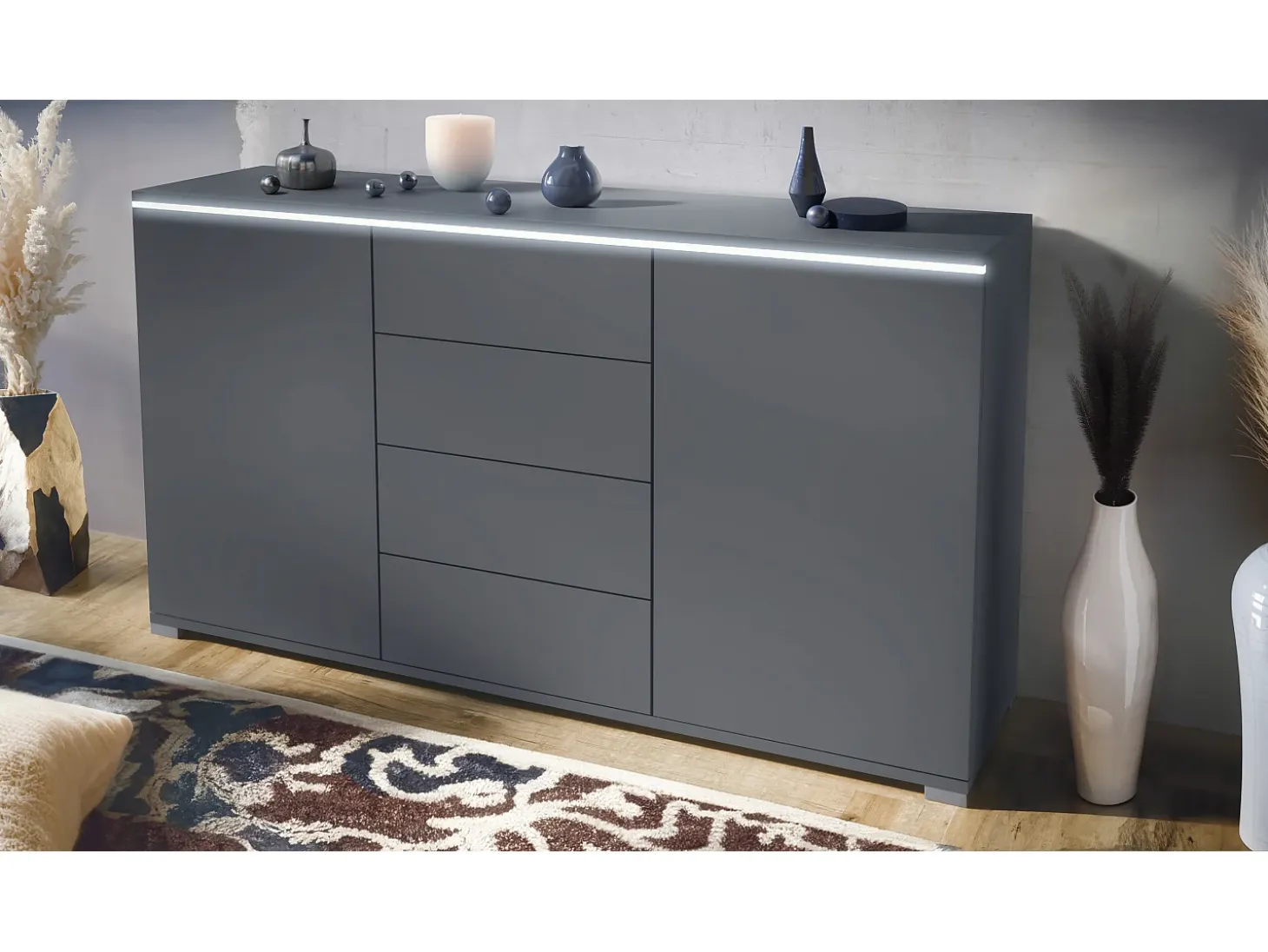 Aparador Faro V1 – Mueble con 2 Puertas y 4 Cajones, Armario con Tira de Luz LED, antracita mate / antracita mate (138,5 x 75,5 x 35)