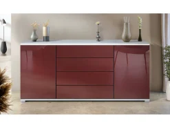 Aparador Faro V2 – Mueble con 2 Puertas y 4 Cajones, Armario con Tira de Luz LED, blanco mate / burdeos de alto brillo (166,5 x 75,5 x 35)