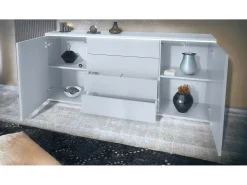 Aparador Faro V2 – Mueble con 2 Puertas y 4 Cajones, Armario con Tira de Luz LED, blanco mate / burdeos de alto brillo (166,5 x 75,5 x 35)