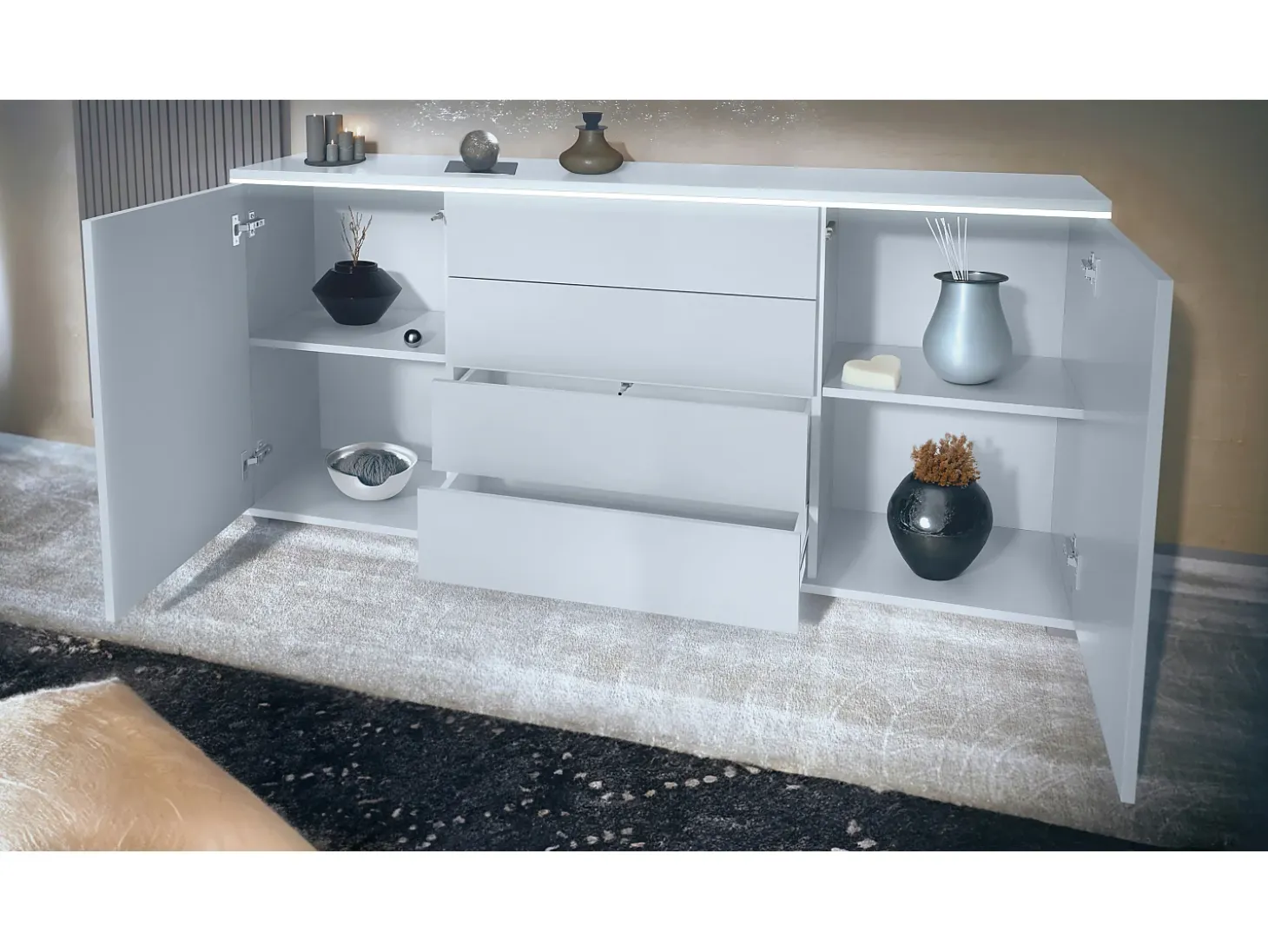Aparador Faro V2 – Mueble con 2 Puertas y 4 Cajones, Armario con Tira de Luz LED, blanco mate / burdeos de alto brillo (166,5 x 75,5 x 35)