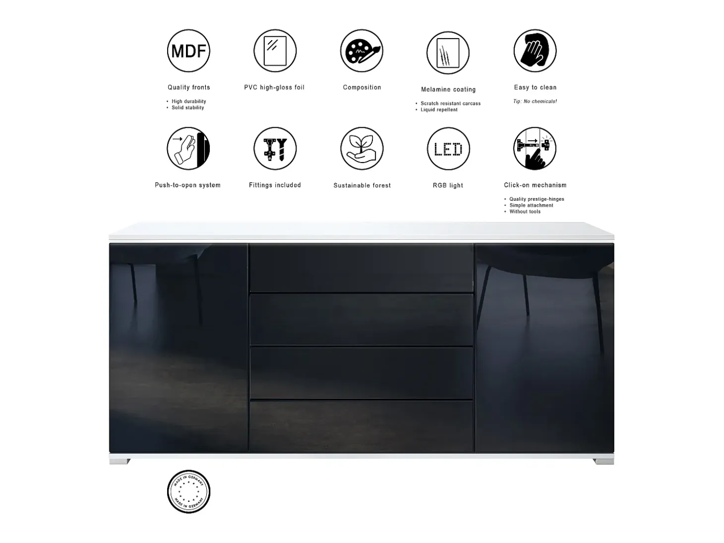 Aparador Faro V2 – Mueble con 2 Puertas y 4 Cajones, Armario con Tira de Luz LED, blanco mate / burdeos de alto brillo (166,5 x 75,5 x 35)