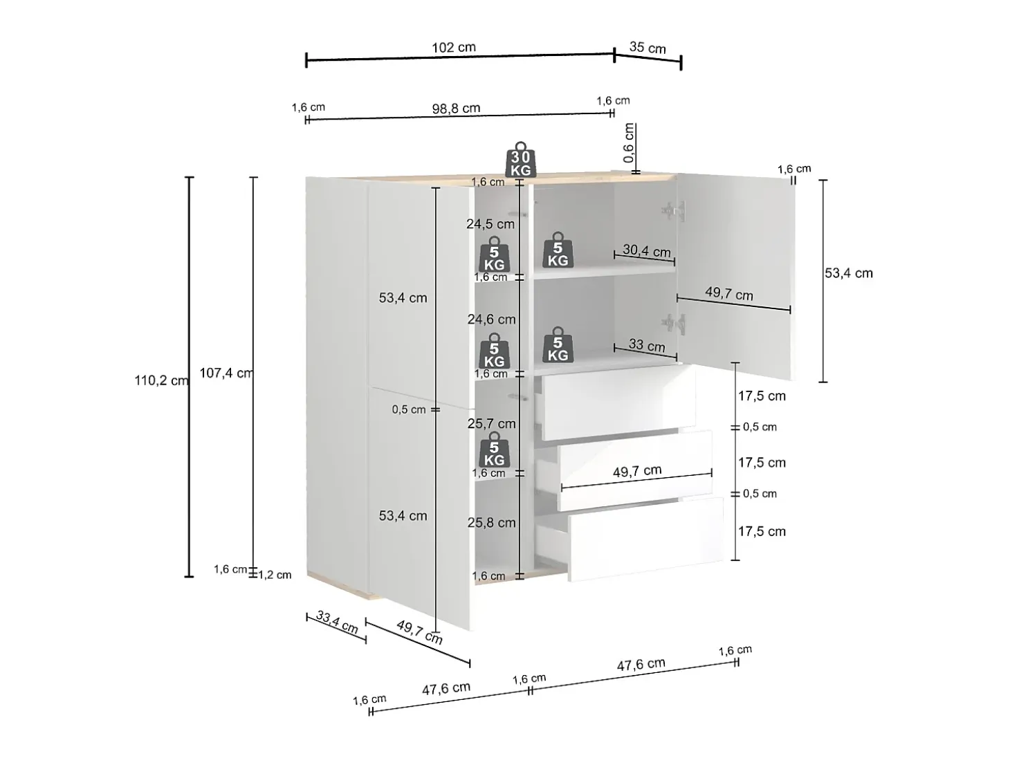 Aparador Garda con 3 puertas y 3 cajones blanco brillo y roble 102x35x110 cm
